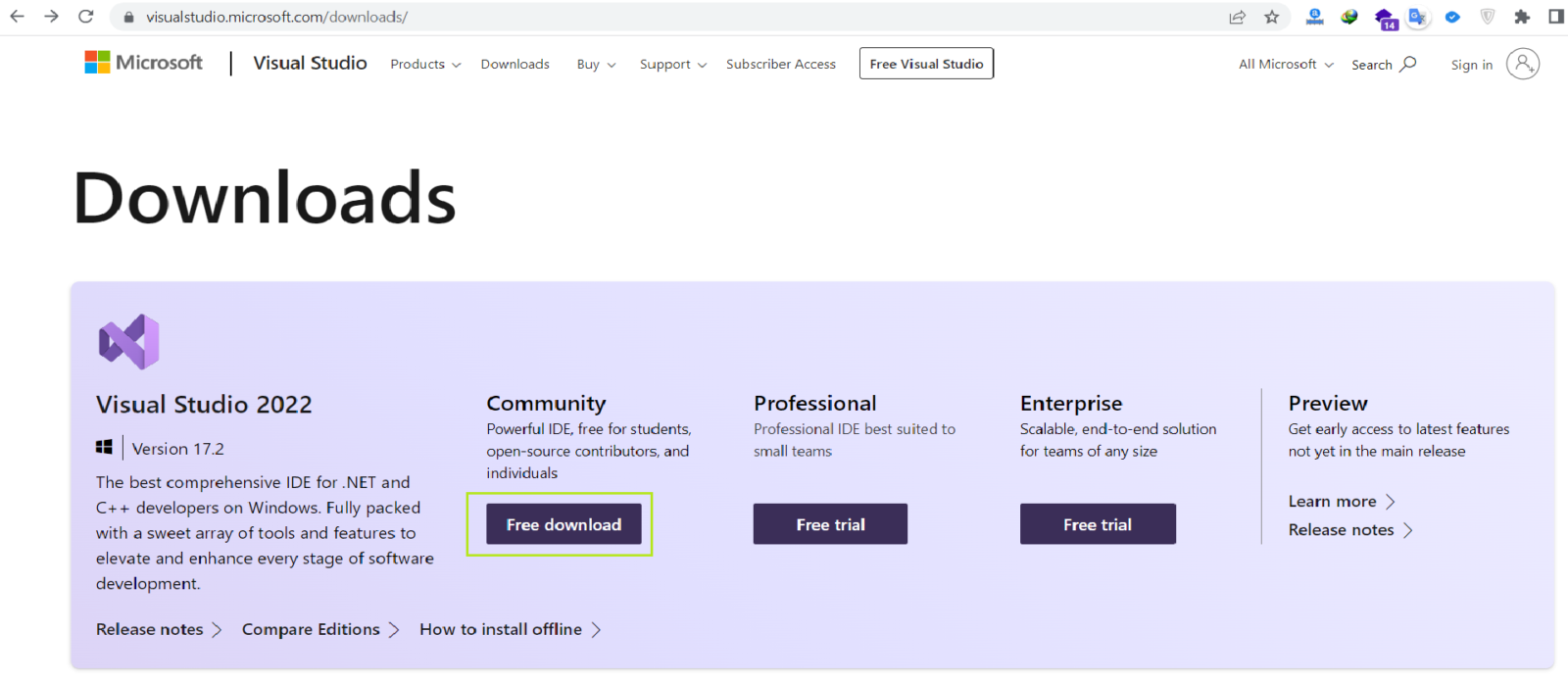 (صفحه اصلی سایت مایکروسافت برای دانلود ویژوال استودیو)Microsoft Home Page to Download Visual Studio